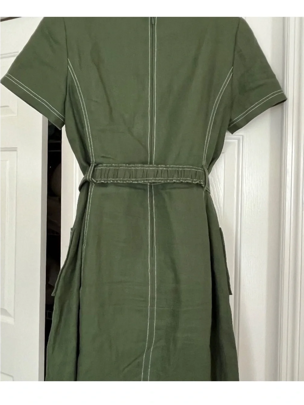 Tory Burch Nadia Linen Belted Dress Olive Green Contrast Stitch Size 8